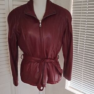 Wilson Women's Wine Leather Zip Jacket with Tie Belt